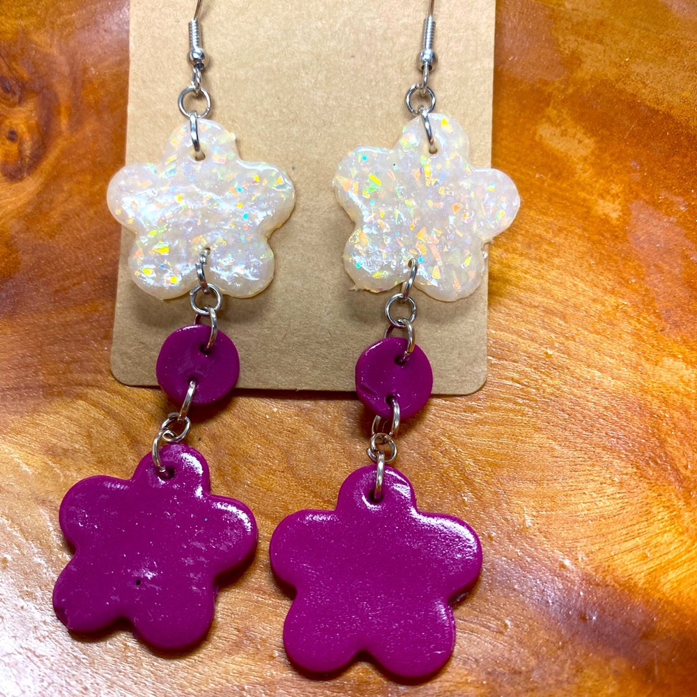 Opal and magenta extra long dangle polymer clay earrings